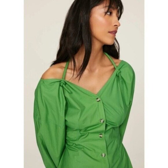 Nanushka Alyssa Dress in Green Womens Shirt Dress Button Front Designer Mini XL - Picture 2 of 10
